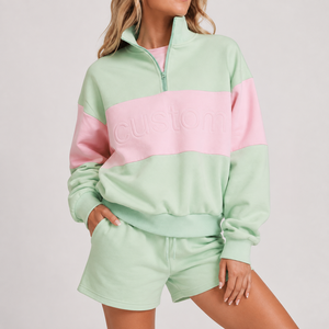 Conjunto de dos piezas de sudadera y pantalón corto con cuello simulado, cremallera media, bloques de color y relieve, de corte oversize, para adultos, jóvenes, clubes y mujeres. - Product Image 4