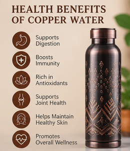 Bouteille d'eau en cuivre de qualité supérieure 900 ml, motif floral géométrique gravé, bouchon à vis, boîte cadeau professionnelle en carton kraft marron, écologique - Product Image 4