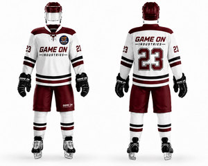 Game On Industries Uniforme de hockey sur glace pour homme, maillot sublimé blanc et bordeaux, manches longues, vêtements anti-humidité - Product Image 1