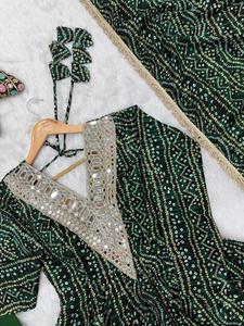 Indian Designer Dark <b>Green</b> Georgette Bandhani Print Anarkali Kurti Suit Set Heavy Mirror Work Neck Long Flare Gown Dupatta Pant - Product Image 5