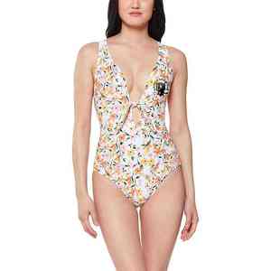 Maillot de bain une pièce floral pour femme, col en V profond, découpes, cordon de serrage avant, taille haute, extensible - Product Image 1