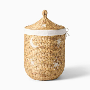 New Arrival Water Hyacinth Storage <b>Basket</b> Celestial Moon Star Embroidered <b>Laundry</b> <b>Basket</b> With Lid From WholeSale Vietnam - Product Image 2