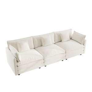 Divano a 3 Posti in Ciniglia Bianca Stile Mid-Century Moderno per Soggiorno con 2 Braccioli e 3 Cuscini Decorativi - Product Image 6