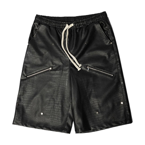 Men's Black PU Coated Bermuda Shorts Moto Biker Style With Zipper Pockets Drawstring Waist Solid Pattern - Product Image 1
