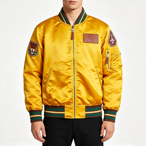 Custom Logo Men's <b>Retro</b> Souvenir Satin Flight Varsity <b>Jacket</b> <b>Leather</b> Chest Patch Striped Cuff Embroidered Letterman Bomber Coat - Product Image 3
