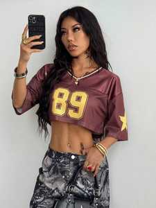 Maillot de football court en mesh marron personnalisé, numéro 89, streetwear pour femme, fabricant OEM en gros sous marque privée - Product Image 2
