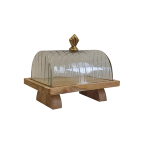 Support à gâteau rectangulaire en bois avec dôme en verre |   Plat à beurre en bois sur pied, cloche à pain, plateau de présentation pour pain - Product Image 1