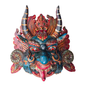 หน้ากากไม้แกะสลักงานฝีมือทางศาสนา รูปปั้นพระพุทธฮินดู มอนสเตอร์การูด้า สีแดงน้ำเงิน สำหรับแขวนผนัง ผลิตในเนปาล - Product Image 1