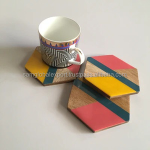 Offre spéciale Sous-verres de luxe en bois d'acacia et marbre avec incrustation de résine Blanc Hexagonal Rond carré Sous-verres de thé personnalisés Vitrine vierge - Product Image 3