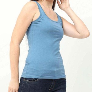 Camiseta sin mangas azul para mujer, cuello redondo, informal, tejida, 100% algodón, transpirable, color liso, largo regular - Product Image 1