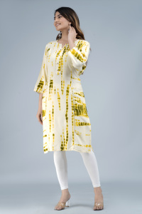 Women Yellow Tie Dye Printed <b>Kurti</b> With , 3/4 Sleeves Casual Ethnic Wear Straight Kurta for Daily Wear . - Product Image 3