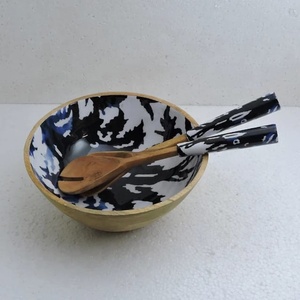 Bol et saladier en bois de mangue imprimé bleu de couleur naturelle, vente en gros, petit bol créatif noir de luxe, espace quantité minimaliste - Product Image 6