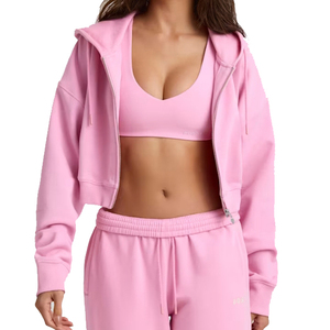 Women Pink Hooded Zipper Tracksuit Set Full Length Loose Fit Solid Color Casual <b>Sweatshirt</b> and Wide Leg Pants - Product Image 3