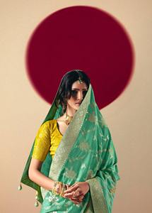 NUEVO SAREE TEJIDO CON BLUSA PARA FIESTAS Y BODAS, PRECIO AL POR MAYOR, PRENDAS ÉTNICAS, DORADO - Product Image 6