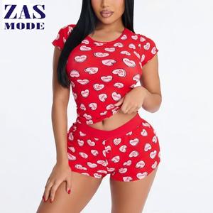 Women's Summer Casual Floor-Length Velvet Pajamas Set Solid Pattern <b>Heart</b>-Shaped Short Sleeve Breathable Stylish Home Sleepwear - Product Image 1