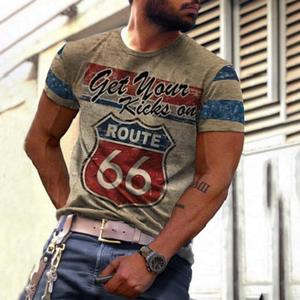 Nouveaux T-shirts d'été pour hommes, coupe ample et oversize, style vintage, manches courtes, imprimé lettres Route 66, col rond - Product Image 6