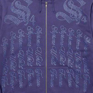 Sudadera con capucha completa de diamantes de imitación, estilo oversize, con brillo y cremallera, color morado, para moda - Product Image 5