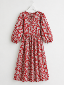 Indian Cotton Floral Print Midi Dress <b>V</b>-Neck with <b>string</b> Closer For Women, Summer Dress - Product Image 3
