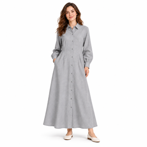 Women Simple Solid Woven Long Sleeve Button Down Shirt <b>Dress</b> Casual Loose Fit Collared <b>Maxi</b> <b>with</b> <b>Pockets</b> Wholesale OEM ODM - Product Image 1