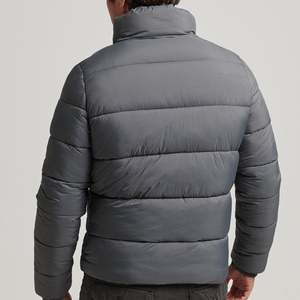 Men's Winter Puffer Jacket Stand Collar <b>Covered</b> <b>Button</b> Closure Windproof Cotton Filling Casual Style Gray Color Patchwork Front - Product Image 6