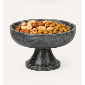 Bol sur piédestal en marbre naturel gris de luxe, bol à fruits vintage en pierre noire, centre de table pour salle à manger, cuisine moderne minimaliste - Product Image 4