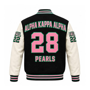 Hot <b>Sale</b> Premium Quality Varsity Jacket Pink Green Embroidered Greek Letters Men's Preppy Style <b>Coat</b> - Product Image 3
