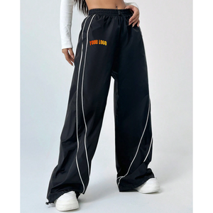 Top Trending <b>Women's</b> <b>Black</b> Wide Leg <b>Satin</b> Pants High Waist Elastic Loose Fit Full Length Casual Side Stripe Solid Color Autumn - Product Image 4
