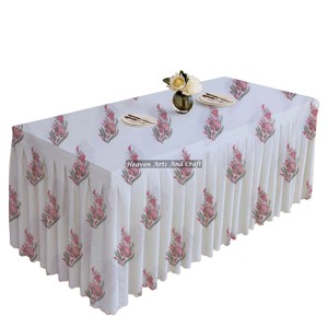 Hand Block Print Customized Hotel Restaurant Pleated <b>Tablecloth</b> Rectangular Pleated Table Cloths Table Skirt For Wedding Banquet - Product Image 3
