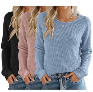 Pull à col rond en maille gaufrée à manches longues, coupe régulière côtelée, pour l'automne, sweat-shirt thermique en maille gaufrée - Product Image 6