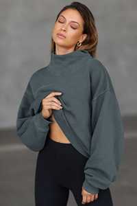 Sudadera de cuello alto extragrande para mujer con logo personalizado, color liso, hombros caídos, forro polar transpirable, ropa casual de otoño - Product Image 2