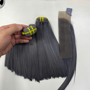 Prix de gros 100% brut vierge vietnamien humain dentelle trame os droite Smokie gris couleur Super Double Drawn Extensions de cheveux - Product Image 5