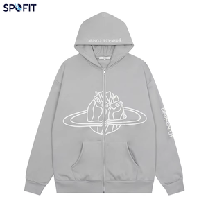 Wholesale Hot Selling Highweight Men's Casual Hoodies Lined Washed School Style Oversized Zip-up with 3D Pattern Winter Hooded - Product Image 1