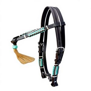 Cabezada de cuero marrón ajustable para equitación con nudos futurity, borla de pelo de cuero natural turquesa trenzada a mano (10) - Product Image 1