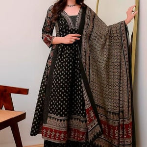 Conjunto de Kurta Anarkali, Pantalón y Dupatta de Rayón Estampado para Mujer, Ropa Étnica - Product Image 1