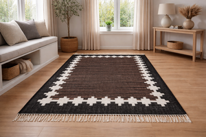 Alfombra Tejida a Mano de Lana y Algodón, Lavable, Hecha a Mano, con Borde Geométrico Negro y Marrón, Tejido Plano, Reversible, para Uso Doméstico - Product Image 5