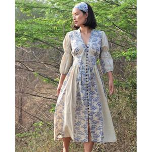 Vestido Maxi con Estampado Floral para Mujer, con Mangas Abullonadas, Cuello en V con Botones, Estilo Boho Vintage - Product Image 3