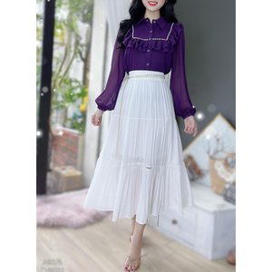 Blusa de Manga Larga para Mujer al por Mayor con Adorno de Perlas, Pliegues, Volantes, Cuello de Solapa y Botones Delanteros, Camisa Elegante para Oficina, Directo de Fábrica - Product Image 4