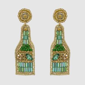 Handmade Beaded Bottle Shape Earrings Green Gold Embroidery Jewelry Art Craft Cross-stitching & Needlework - Product Image 1