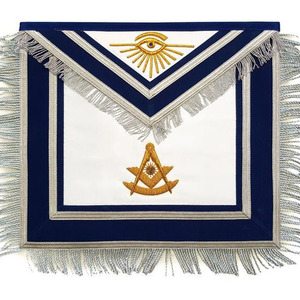 Delantal Masónico Bordado Personalizado Blanco y Azul Rectangular con Símbolo del Ojo que Todo lo Ve y Compases, Insignia Cosida para Aplicación en Prendas - Product Image 1