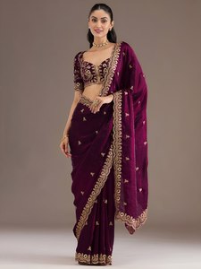 Purple Embroidered <b>Tissue</b> Saree for Women Traditional Long Dress Wrinkle Free Moisture Wicking Party <b>Wedding</b> Wear - Product Image 1