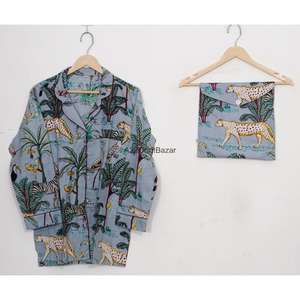 Ensemble de pyjama décontracté de luxe pour femmes, 100% coton, manches longues, imprimé floral numérique, taille élastique, col rabattu, pour le printemps et l'été - Product Image 2