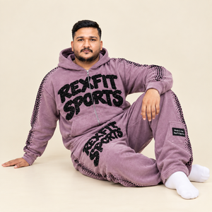 Conjunto deportivo unisex Rexfit personalizable de sudadera con capucha y pantalones de chándal, estampado morado, felpa francesa, etiqueta personalizada, traje deportivo para invierno. - Product Image 3