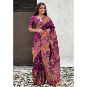 Evening Dresses Wine <b>Pashmina</b> Kashmiri Silk Zari Woven Saree - Product Image 5