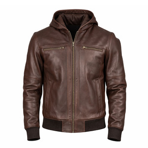 Chaqueta de aviador de cuero genuino negra para hombre, estilo cuello vuelto, a prueba de viento e impermeable, estilo vintage para invierno. - Product Image 1