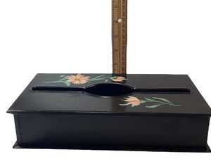 Toleware Black Metal Tissue <b>Box</b> Hand Painted Pink White Flowers Vtg 10.5 in - Product Image 6