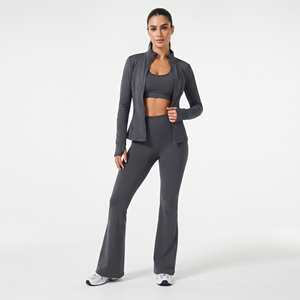 <b>Women</b> Yoga <b>Jacket</b> Full Length 3 Piece Set Flared Leg Legging Spandex Polyester Gym Fitness <b>Jacket</b> Racerback Bra Set Ladies - Product Image 2