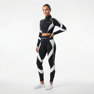 Conjunto deportivo de top corto con cremallera de manga larga y leggings de cintura alta con bloques de color para mujer - Product Image 3