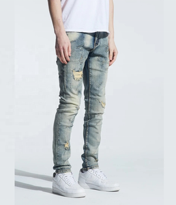 Jean en denim tissé 100 % coton respirant pour homme, coupe droite, délavé, effet vieilli, coupe haute, style streetwear hip-hop - Product Image 3