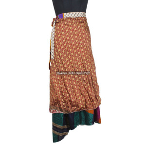 Falda Larga Envolvente de Seda, Faldas Envolventes de Seda de 2 Capas Reversibles, Saris Mágicos de Seda, Falda Larga Envolvente, Vestido Mágico Bohemio Indio Multicolor - Product Image 3