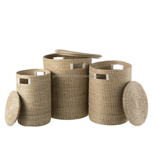 Set 3 White <b>Seagrass</b> Hamper <b>Basket</b> <b>with</b> <b>Lid</b> Handcrafted in Vietnam <b>Basket</b> Container Storage Bathroom Accessories - Product Image 2
